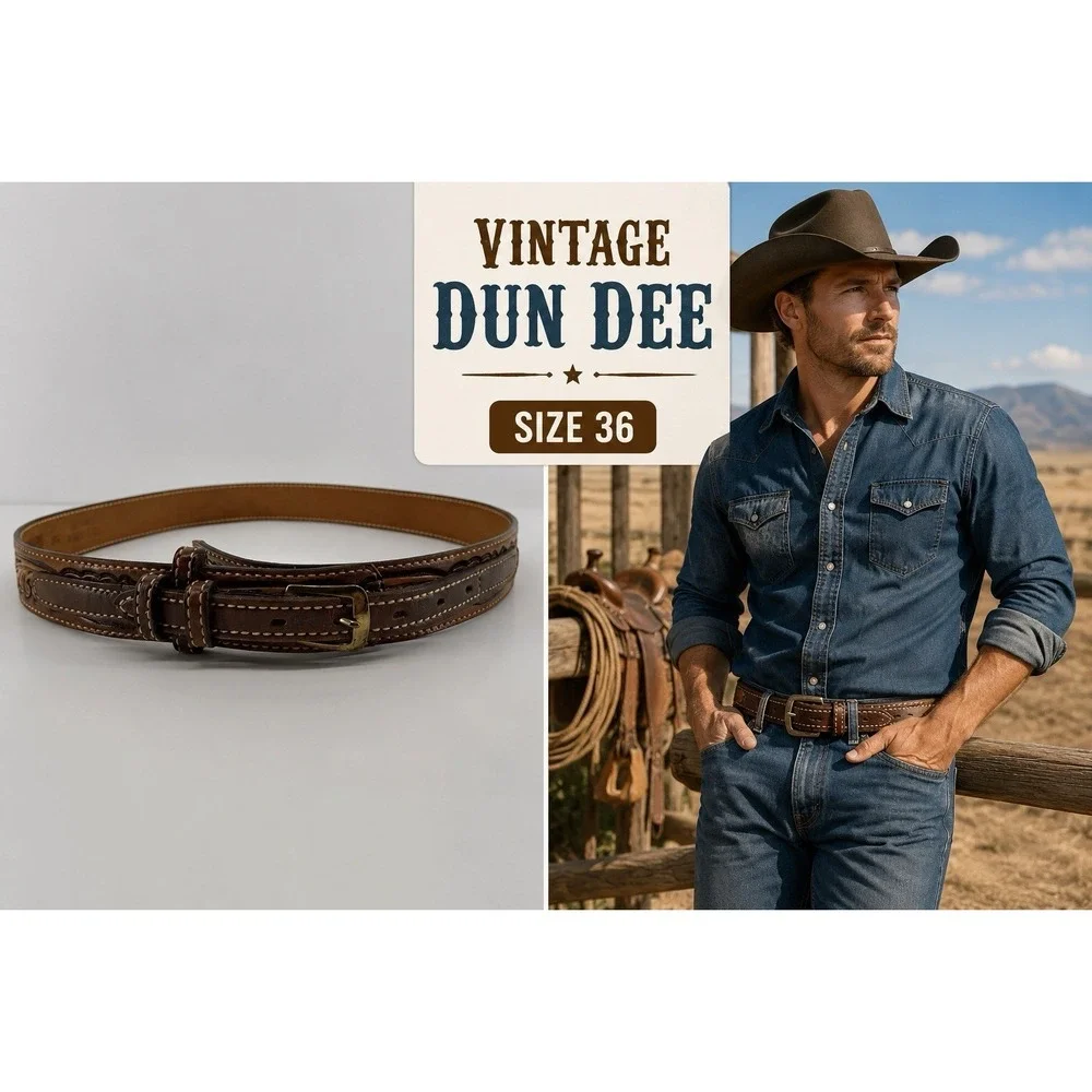 Dun Dee Tooled Leather Belt Size 36 Brown Western Cowboy Full Grain Cowhide Vtg